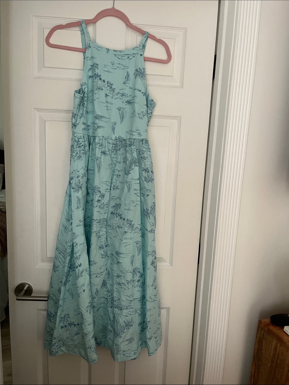 Lands' End Aqua Printed Sundress with Palm trees and Sailboats  Scenic Print